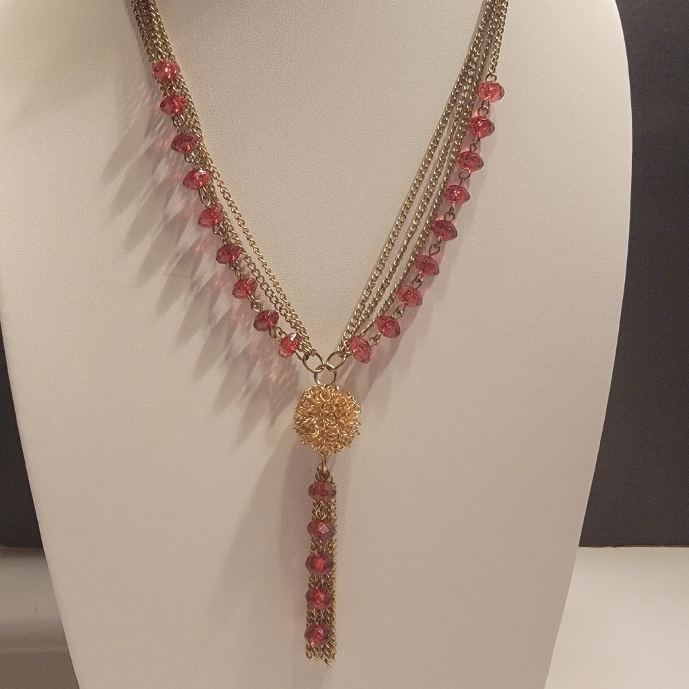 Antique Goldtone 4Chain and Rose Acrylic Bead Necklace with Goldball, Tassel - Picture 4 of 4
